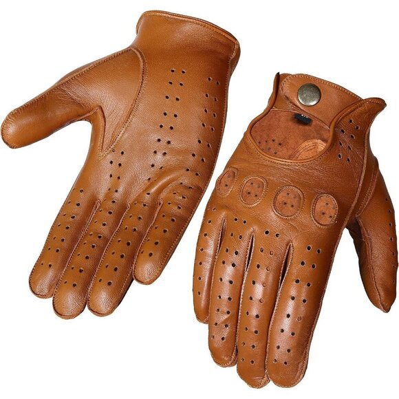 WASPRO Men's Large Genuine Leather Motorcycle Gloves, Tan Lambskin, Breathable - Picture 3 of 7